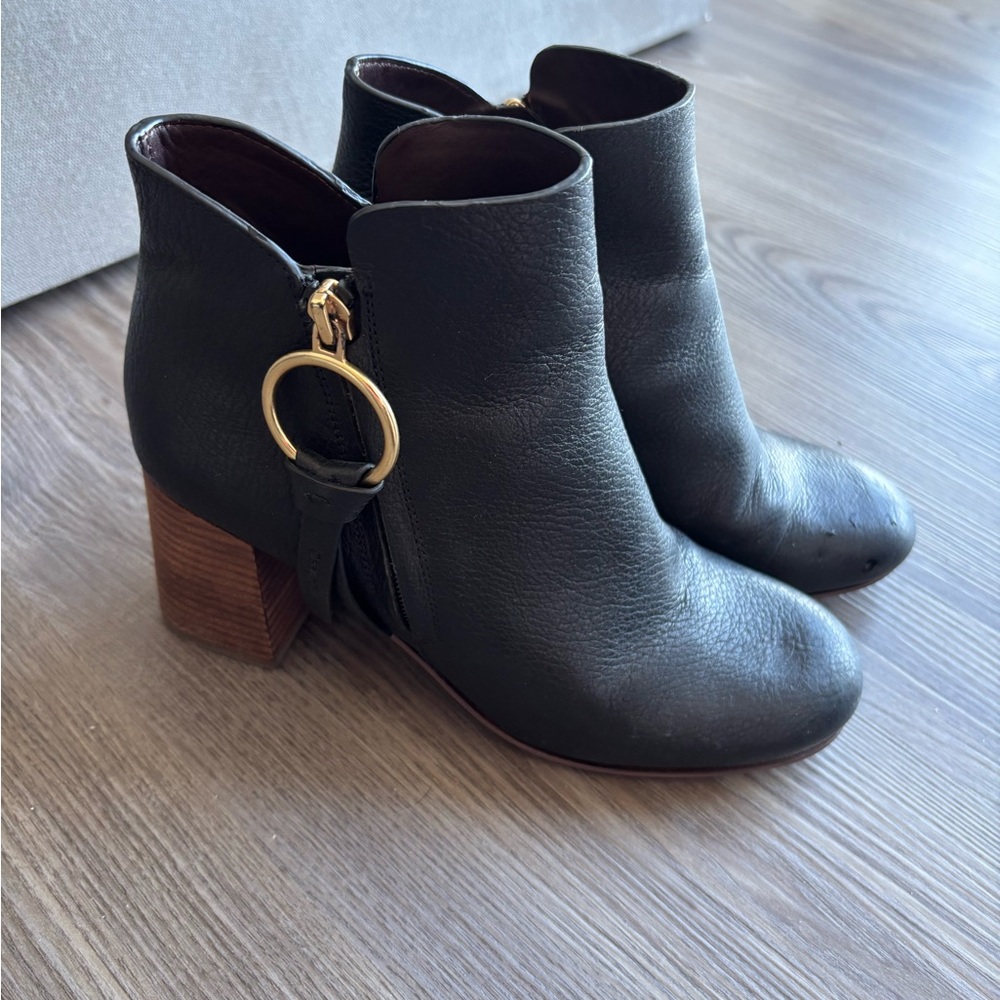 Black Leather Ankle Boots with Gold Accent